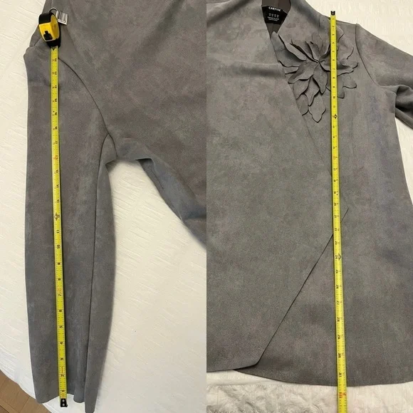 CARTISE Faux Suede Open Front Waterfall  Grey Jacket Floral Applique Neutral - Picture 16 of 17